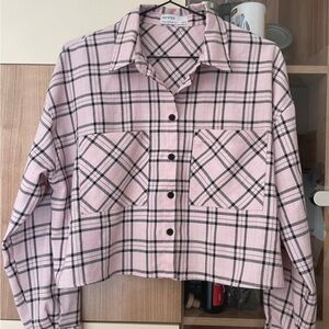 NWOT Pink Plaid Bershka Cropped Long Sleeve Shirt!